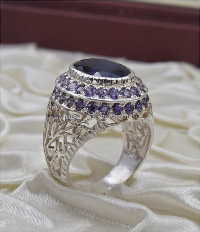 AAE 3670 Chandi Ring 925, Stone: Blue Sapphire (Neelam)