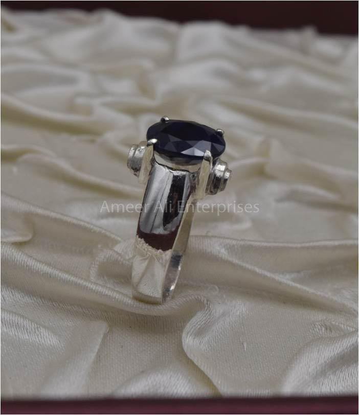 AAE 3411 Chandi Ring 925, Stone: Blue Sapphire (Neelam) - AmeerAliEnterprises
