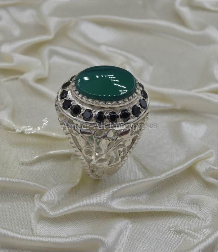 AAE 6692 Chandi Ring 925, Stone: Green Aqeeq