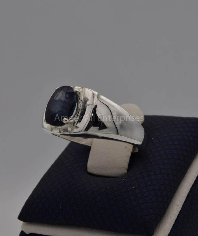 AAE 7721 Chandi Ring 925, Stone: Blue Sapphire (Neelam) - AmeerAliEnterprises