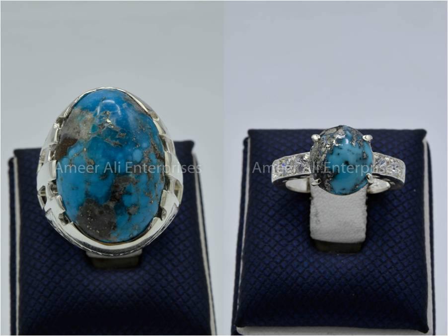 Silver Couple Rings: Pair 120, Stone: Shajri Feroza - AmeerAliEnterprises