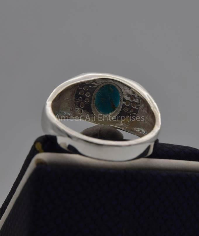 AAE 7722 Chandi Ring 925, Stone: Feroza (Turquoise) - AmeerAliEnterprises