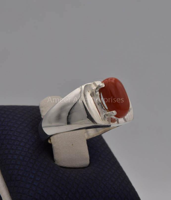 AAE 9941 Chandi Ring 925, Stone: Marjan (Coral) - AmeerAliEnterprises