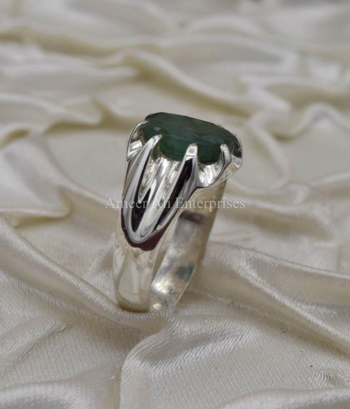 AAE 1565 Chandi Ring 925, Stone Emerald (Zamurd) - AmeerAliEnterprises