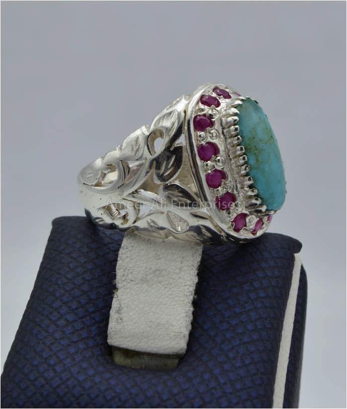 AAE 5795 Chandi Ring 925, Stone: Shajri Feroza - AmeerAliEnterprises