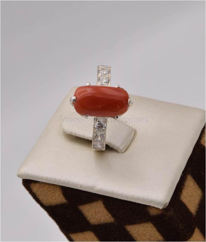 AAE 2503 Chandi Ring 925, Stone: Marjan (Coral) - AmeerAliEnterprises