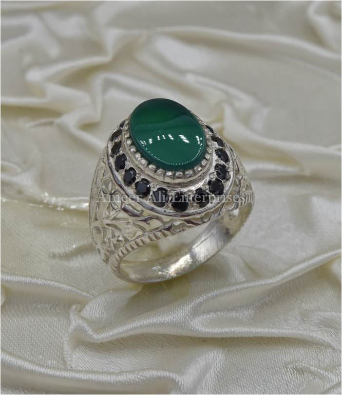 AAE 6692 Chandi Ring 925, Stone: Green Aqeeq