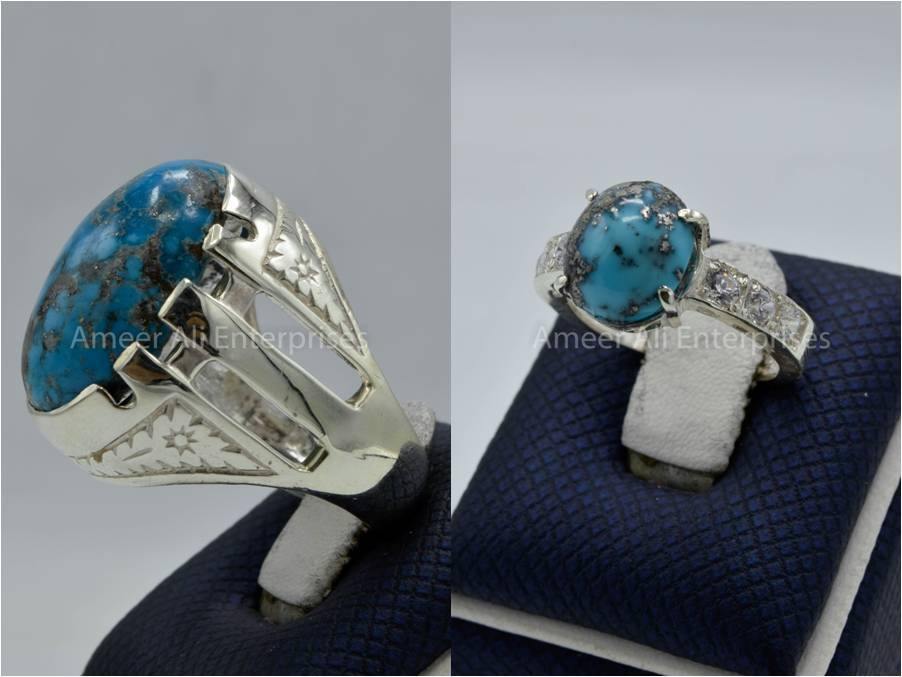 Silver Couple Rings: Pair 120, Stone: Shajri Feroza - AmeerAliEnterprises