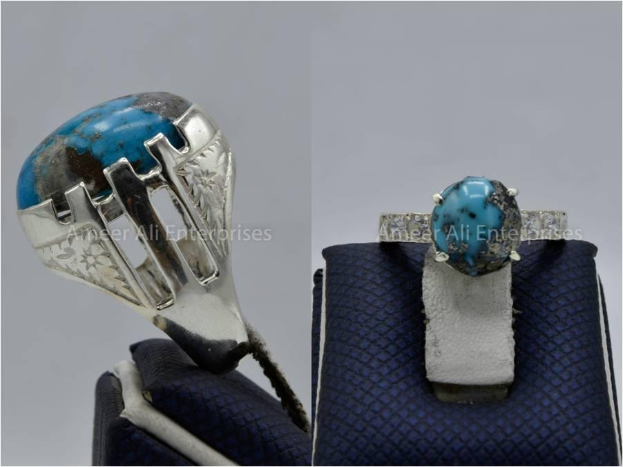 Silver Couple Rings: Pair 120, Stone: Shajri Feroza - AmeerAliEnterprises