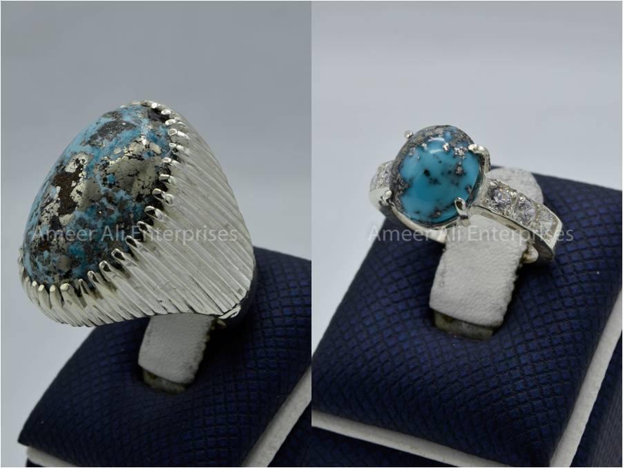 Silver Couple Rings: Pair 118, Stone: Shajri Feroza - AmeerAliEnterprises