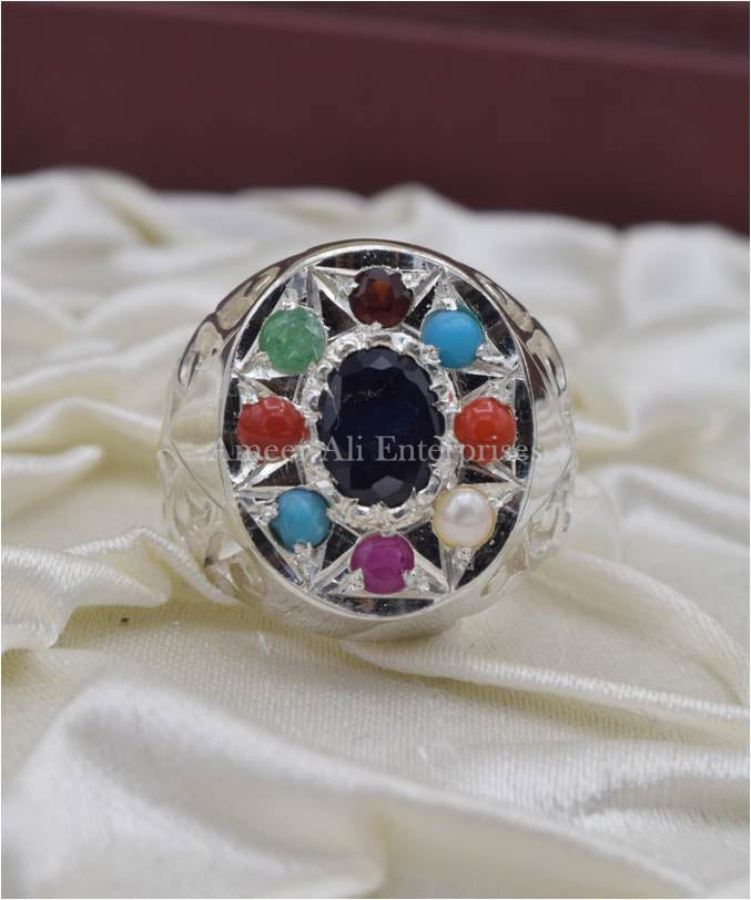 AAE 3671 Chandi Ring 925, Stone: Navratan (Nine Original Stones)