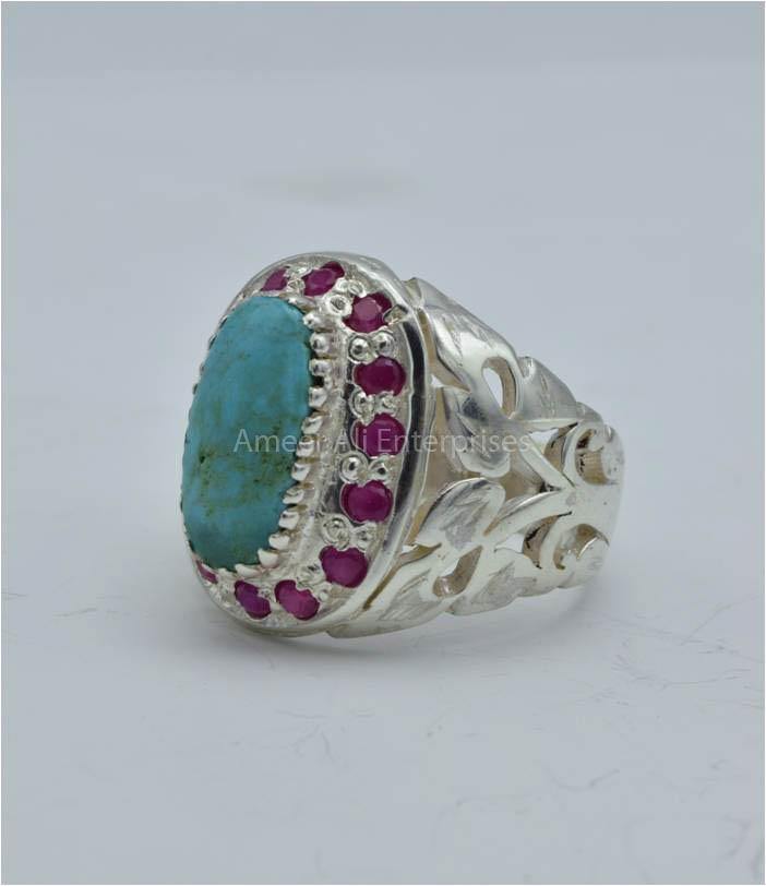 AAE 5795 Chandi Ring 925, Stone: Shajri Feroza - AmeerAliEnterprises