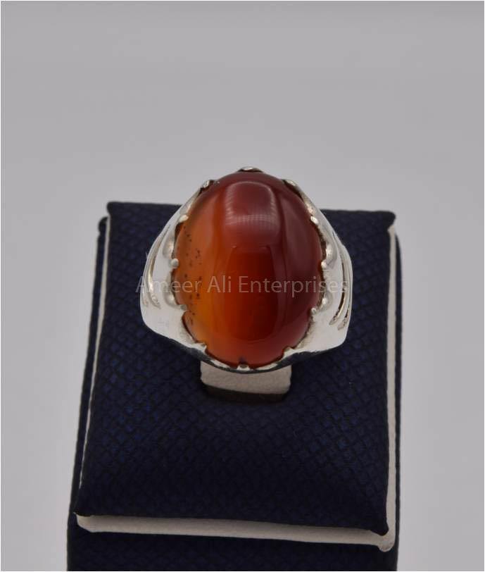 AAE 2464 Chandi Ring 925, Stone: Red Aqeeq - AmeerAliEnterprises