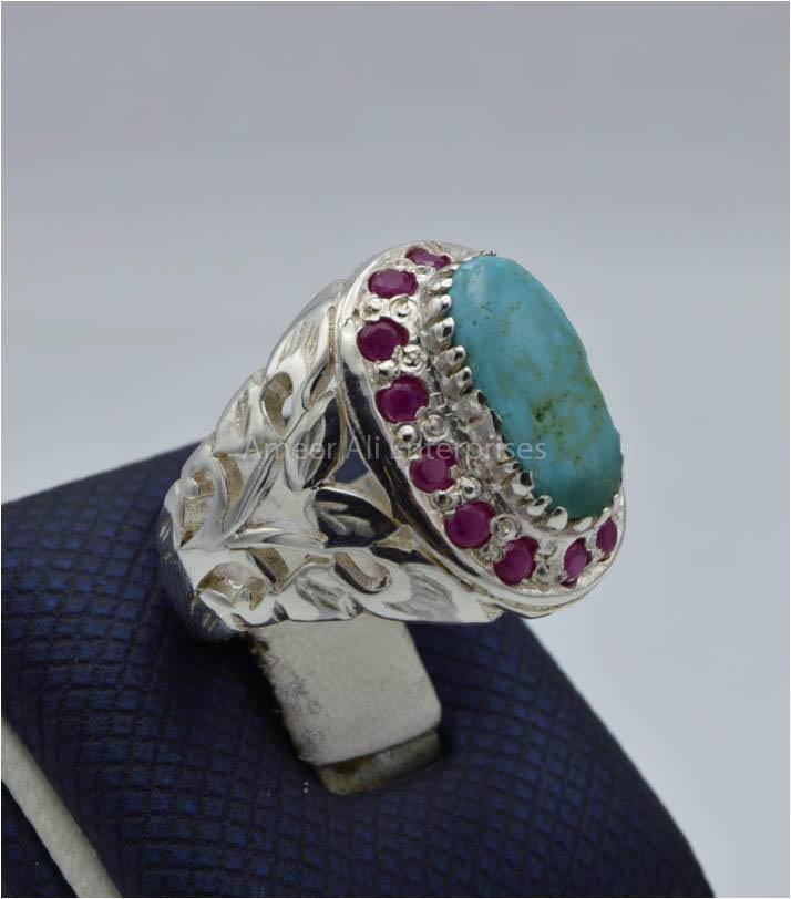 AAE 5795 Chandi Ring 925, Stone: Shajri Feroza - AmeerAliEnterprises