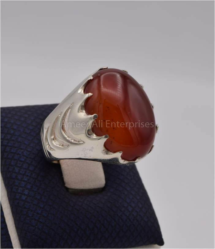 AAE 2464 Chandi Ring 925, Stone: Red Aqeeq - AmeerAliEnterprises