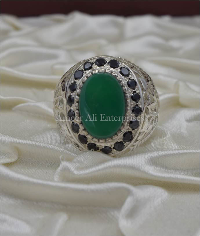 AAE 6692 Chandi Ring 925, Stone: Green Aqeeq