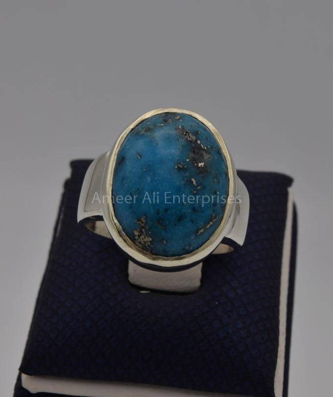 AAE 7727 Chandi Ring 925, Stone: Shajri Feroza (Turquoise) - AmeerAliEnterprises