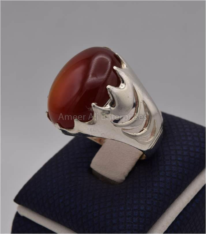 AAE 2464 Chandi Ring 925, Stone: Red Aqeeq - AmeerAliEnterprises