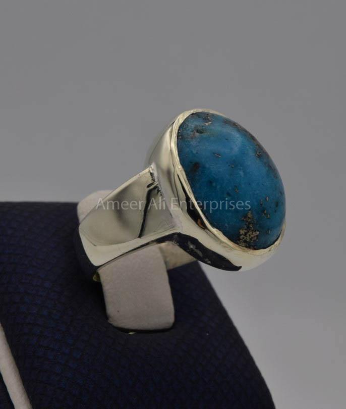 AAE 7727 Chandi Ring 925, Stone: Shajri Feroza (Turquoise) - AmeerAliEnterprises