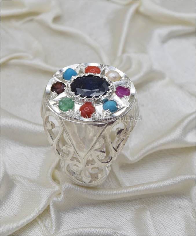 AAE 3671 Chandi Ring 925, Stone: Navratan (Nine Original Stones)