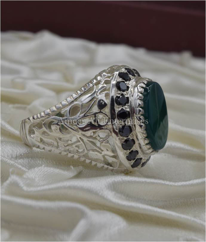 AAE 6692 Chandi Ring 925, Stone: Green Aqeeq