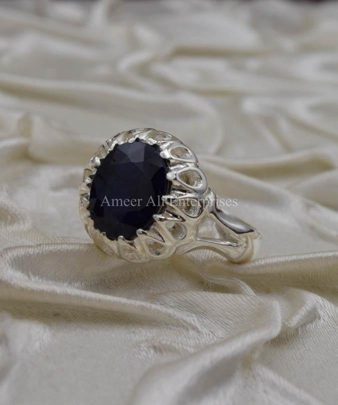 AAE 0304 Chandi Ring 925, Stone: Blue Sapphire (Neelam) - AmeerAliEnterprises