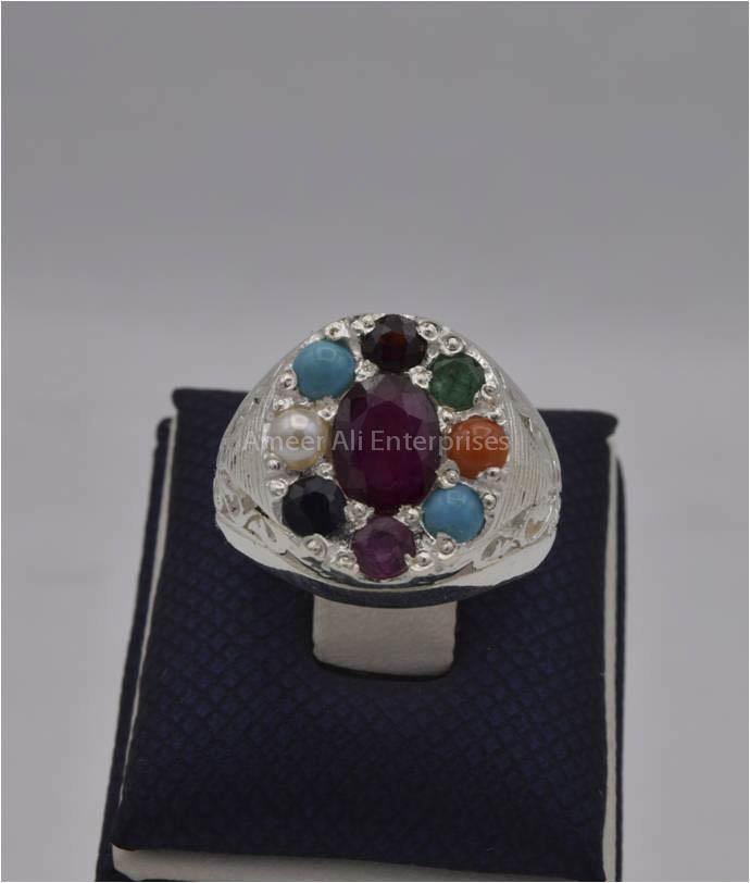 AAE 2253 Chandi Ring 925, Stone: Navratan (Nine Original Stones) - AmeerAliEnterprises