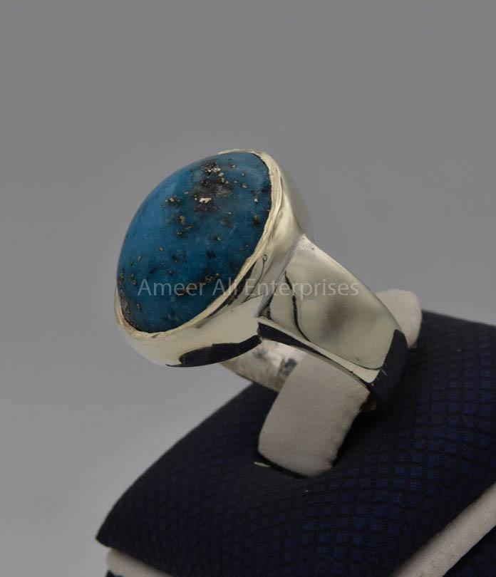 AAE 7727 Chandi Ring 925, Stone: Shajri Feroza (Turquoise) - AmeerAliEnterprises