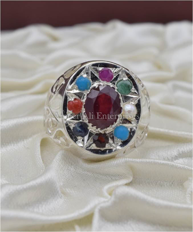 AAE 3672 Chandi Ring 925, Stone: Navratan (Nine Original Stones)
