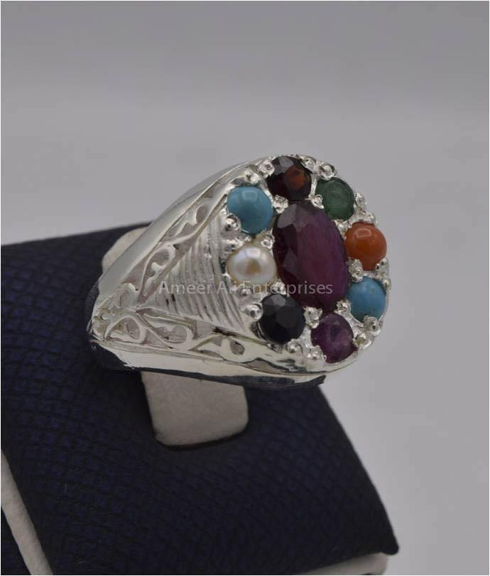 AAE 2253 Chandi Ring 925, Stone: Navratan (Nine Original Stones) - AmeerAliEnterprises