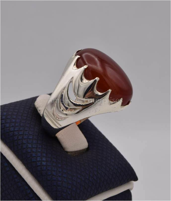 AAE 2464 Chandi Ring 925, Stone: Red Aqeeq - AmeerAliEnterprises