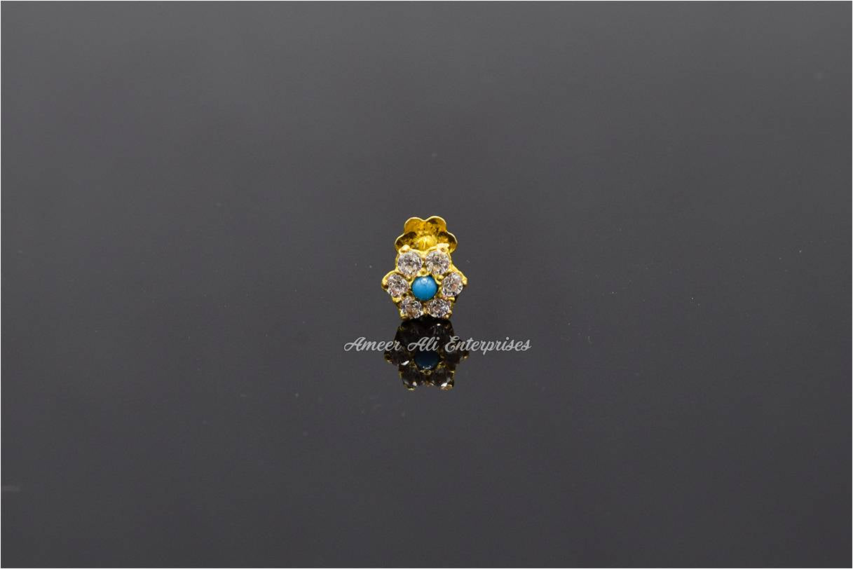 AAE 6920 Gold Nose Pin, Stone: Zircon & Feroza