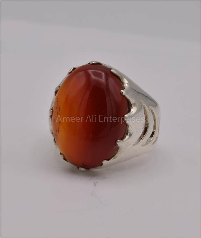 AAE 2464 Chandi Ring 925, Stone: Red Aqeeq - AmeerAliEnterprises
