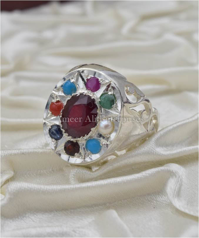AAE 3672 Chandi Ring 925, Stone: Navratan (Nine Original Stones)