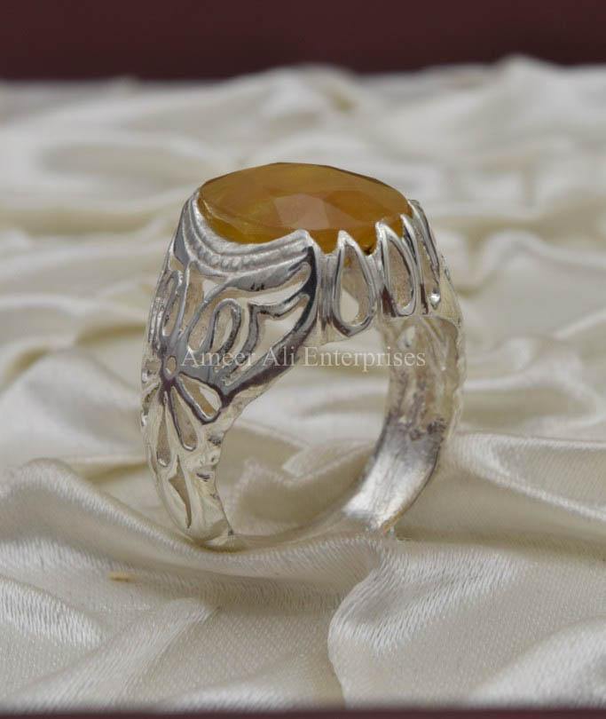 AAE 1855 Chandi Ring 925, Stone: Yellow Sapphire (Pukhraj) - AmeerAliEnterprises