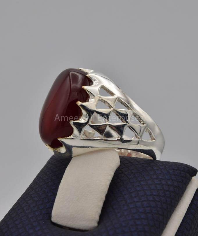 AAE 9104 Chandi Ring 925, Stone: Yamni Aqeeq - AmeerAliEnterprises