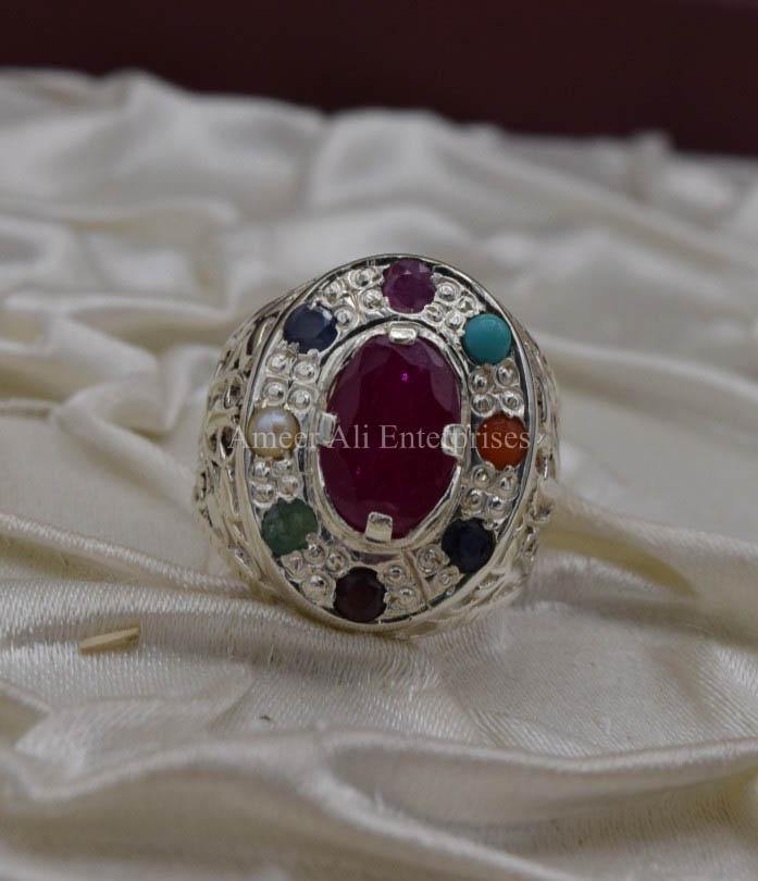 AAE 1593 Chandi Ring 925, Stone: Navratan (Nine Original Stones) - AmeerAliEnterprises