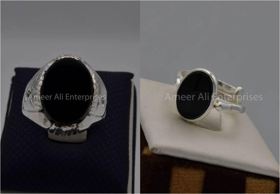 Silver Couple Rings: Pair 90, Stone: Black Aqeeq (Agate) - AmeerAliEnterprises