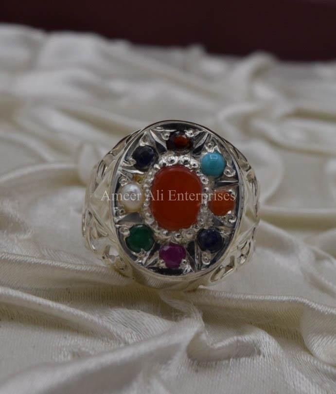 AAE 1603 Chandi Ring 925, Stone: Navratan (Nine Original Stones) - AmeerAliEnterprises