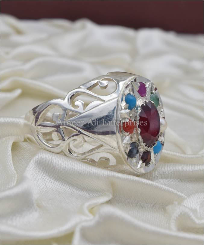 AAE 3672 Chandi Ring 925, Stone: Navratan (Nine Original Stones)