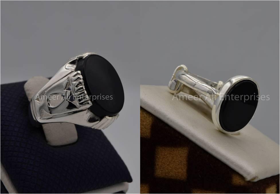 Silver Couple Rings: Pair 90, Stone: Black Aqeeq (Agate) - AmeerAliEnterprises