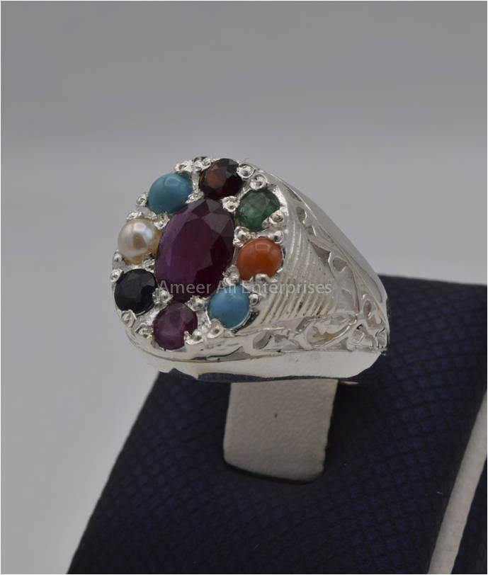 AAE 2253 Chandi Ring 925, Stone: Navratan (Nine Original Stones) - AmeerAliEnterprises
