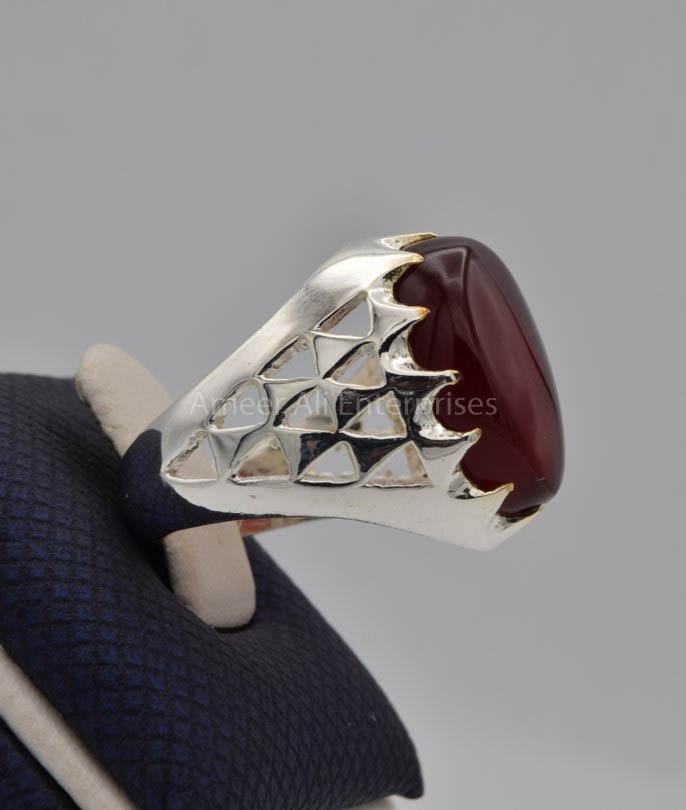 AAE 9104 Chandi Ring 925, Stone: Yamni Aqeeq - AmeerAliEnterprises