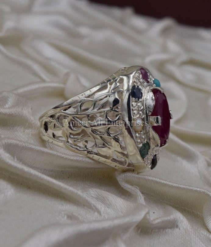 AAE 1593 Chandi Ring 925, Stone: Navratan (Nine Original Stones) - AmeerAliEnterprises