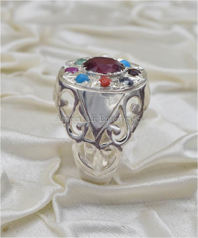 AAE 3672 Chandi Ring 925, Stone: Navratan (Nine Original Stones)