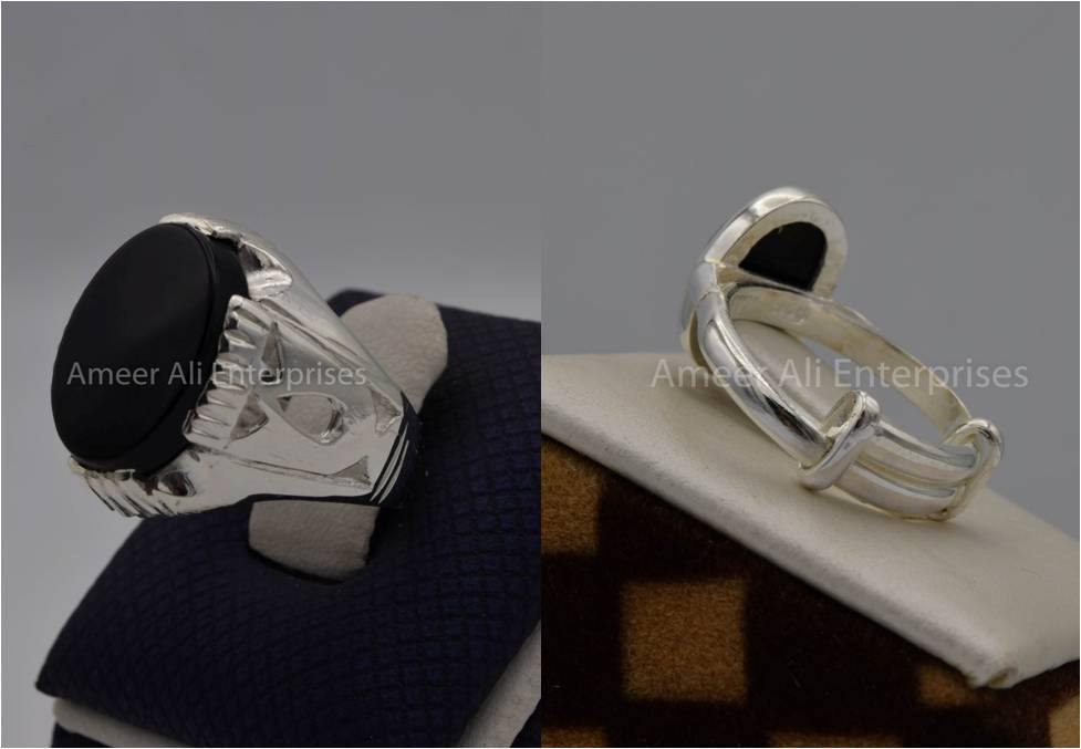 Silver Couple Rings: Pair 90, Stone: Black Aqeeq (Agate) - AmeerAliEnterprises