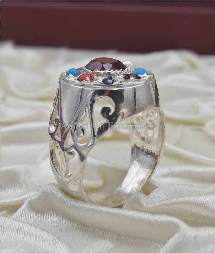 AAE 3672 Chandi Ring 925, Stone: Navratan (Nine Original Stones)