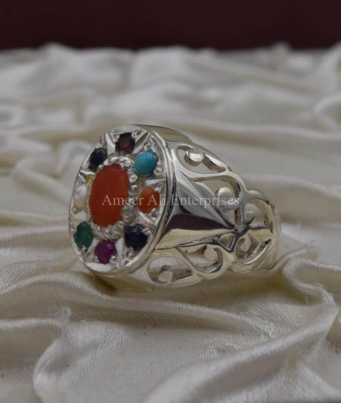 AAE 1603 Chandi Ring 925, Stone: Navratan (Nine Original Stones) - AmeerAliEnterprises