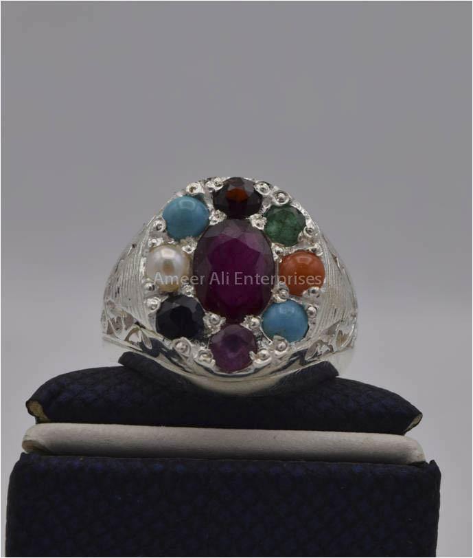 AAE 2253 Chandi Ring 925, Stone: Navratan (Nine Original Stones) - AmeerAliEnterprises