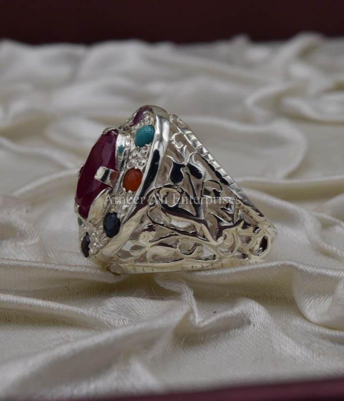 AAE 1593 Chandi Ring 925, Stone: Navratan (Nine Original Stones) - AmeerAliEnterprises
